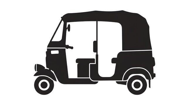 Black and white vector silhouette of an Indian auto rickshaw. Traditional three-wheeler tuk-tuk taxi transport isolated on white background.
