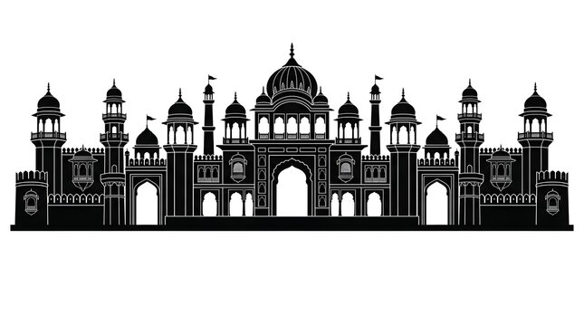 Black and white vector silhouette of a grand Indian palace or fort. Traditional Mughal or Rajput architectural landscape building isolated on white background.