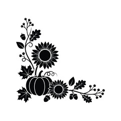 Autumn corner border with pumpkin and sunflowers. Fall harvest floral frame design element. © @ahmedmaynul