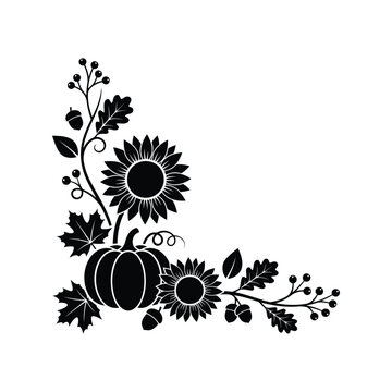 Autumn corner border with pumpkin and sunflowers. Fall harvest floral frame design element.