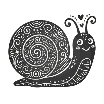 Chalkboard Style Folk art snail vector illustration, whimsical garden mollusk with ornate spiral shell, black and white hand drawn character for coloring isolated on White Background Vactor Eps