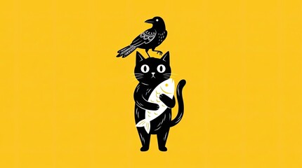 Obraz premium Minimalist black cat with crow and fish on yellow.