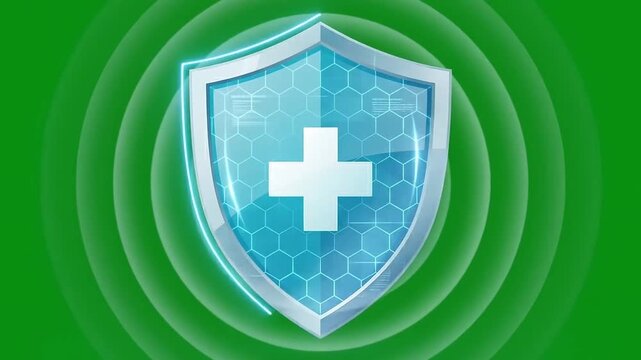 Medical protection shield pop up animation on green screen, health immune system defense concept for hospital branding, insurance services, and wellness app design