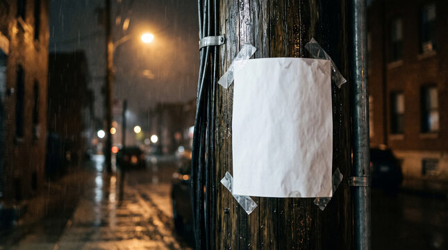 Lost and Found: A blank, white notice is taped to a wooden pole on a dimly lit, rainy city street at night, suggesting a missing person or pet, or a call for help.
