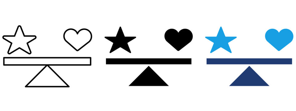 Balance scale with star and heart icon set. Symbol of work-life balance, brand loyalty, emotional vs rational value, business ethics, and priority equality.