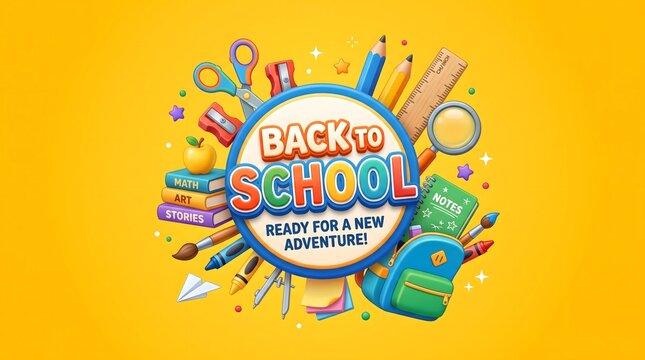 Back to school banner with stationery. Education concept with supplies on yellow background.