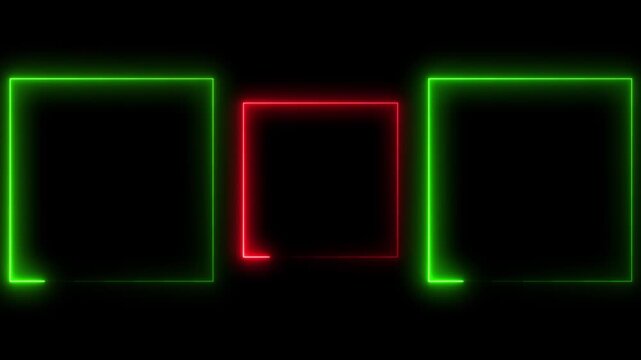 neon glowing red and green color Square Rectangle picture frame icon animation party show seamless footage border frame display neon box line smooth effect on black background	