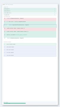 Focused patch commit interface animation showing changed files, security diff rows, redaction updates, approved checks and review summary.
