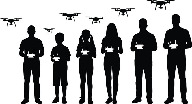 Silhouetted group of people operating drones with remote controllers symbolizing teamwork training and recreational drone piloting