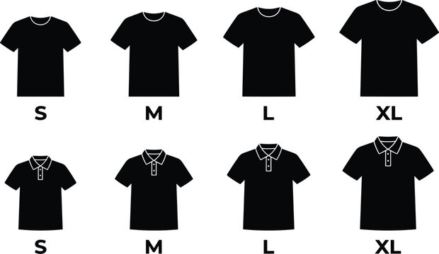 T-shirt and polo shirt size chart icons featuring small medium large and extra large dimensions black silhouette vector set