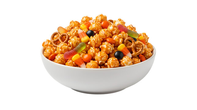 Bowl of sweet Halloween mix with candy corn popcorn pretzels and gummy worms on grey background.