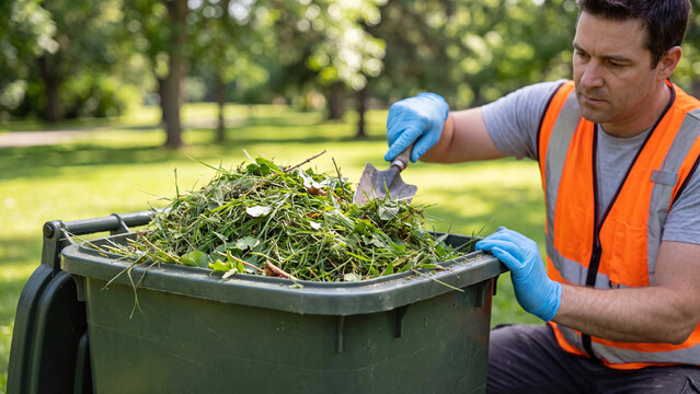 Municipal grounds worker collecting grass clippings and garden waste into recycling bin for sustainable green waste management and composting in public park