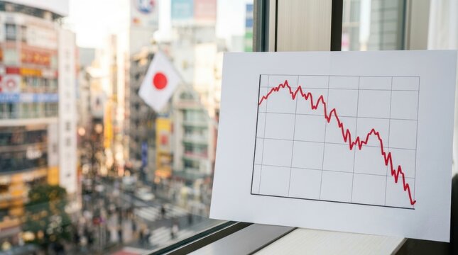A downward trending stock chart is displayed in front of a busy cityscape with a Japanese flag
