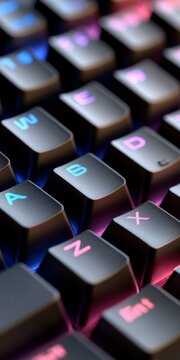 Colorful keyboard with glowing keys at night