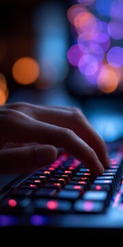 Hands dance over a glowing keyboard at night