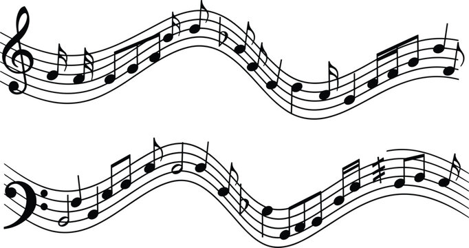 Musical staff with treble and bass clefs vector illustration pair featuring wavy pentagram lines with black notes chords and accidentals isolated on white background
