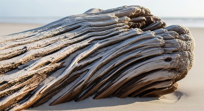 Weathered Driftwood on Sandy Beach with Ocean Horizon