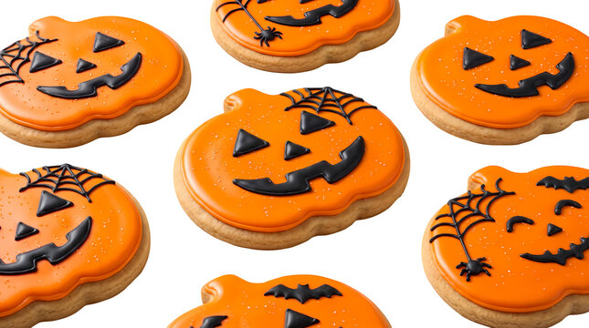 Cheerful jack-o-lantern pumpkin cookies with spider web detail for Halloween.