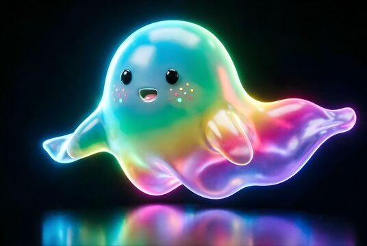 Cute and friendly iridescent rainbow ghost character with a glowing glossy texture and happy expression, floating against a dark background in a 3D digital art style