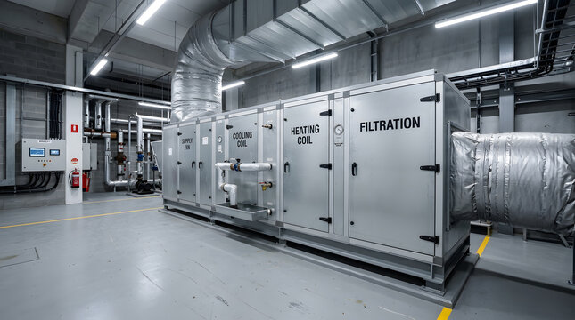 Industrial Air Handling Unit AHU in Mechanical Room | Commercial HVAC System with Filtration and Coils | Ventilation and Climate Control Infrastructure | Engineering Maintenance and Building Services