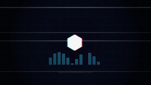 Hexagon shape with digital audio bars and analog glitch signal effect