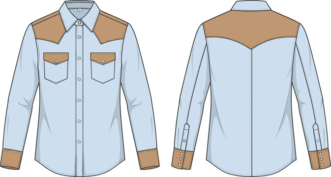 Fashion technical sketch of western denim shirt with contrast yokes showing front and back views vector apparel template