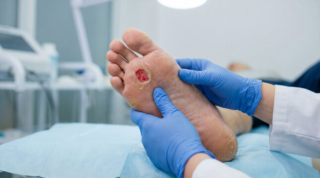 Clinician examining a plantar foot ulcer during podiatry treatment in a medical clinic.