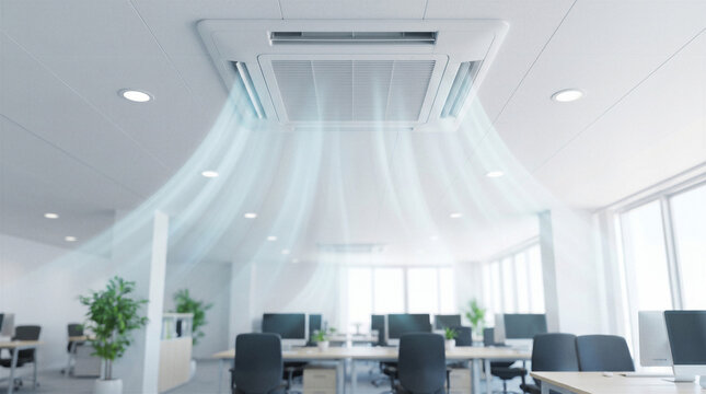 Ceiling cassette air conditioner distributing cool airflow in a bright modern open office, for ventilation, climate control and workplace comfort.