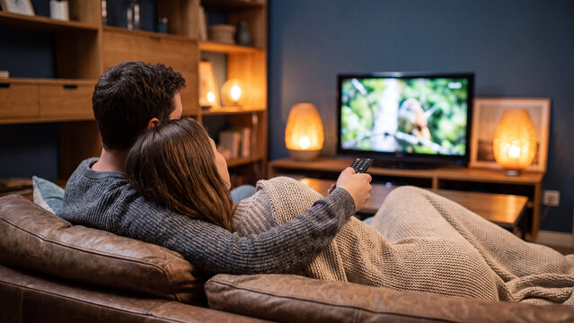 Relaxed couple watching television together on comfortable sofa in cozy living room for home entertainment streaming and evening leisure lifestyle