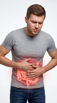 Man suffering from abdominal pain with highlighted digestive system on white background.
