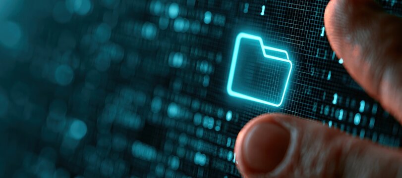 Glowing digital folder icon with human fingertip approaching on cybersecurity network background