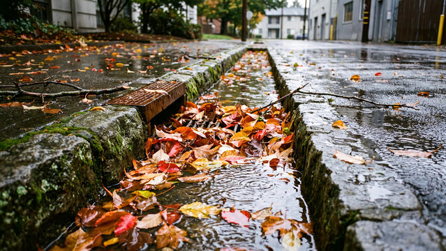 Autumn leaves clogging urban storm drain gutter on wet rainy street for seasonal drainage maintenance and municipal flooding prevention awareness