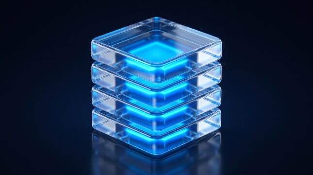 Futuristic data server icon with glowing blue light, transparent glass block storage concept, high-tech digital database infrastructure