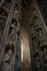 Obraz premium Gothic cathedral entrance with intricately carved stone jambs, soft light.