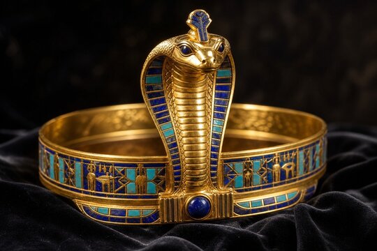 Detailed golden cobra crown with turquoise inlays resting on black velvet.