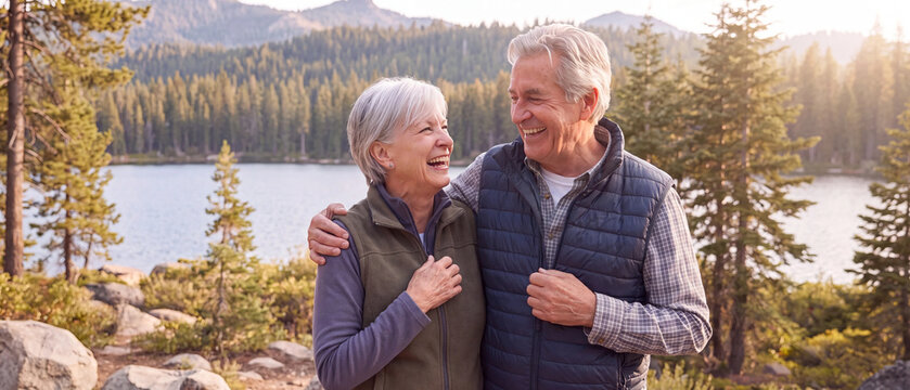 Happy senior couple laughing together outdoors by mountain lake for active retirement lifestyle wellness and healthy mature relationship in nature