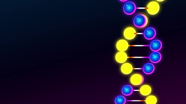 Bright yellow and violet glowing DNA strand rotates smoothly on the right side of a dark technological background with copy space