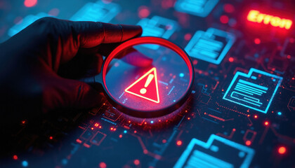 Naklejka na ściany i meble Person in black glove uses magnifying glass to inspect glowing red warning sign on digital document interface. Cyber security expert checks for system bug data breach. Forensic investigator monitors