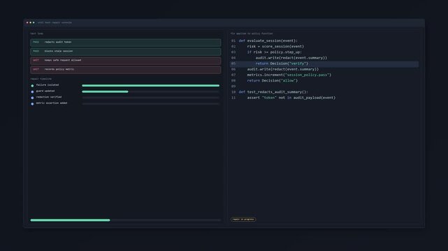 Developer console animation showing a focused test repair loop, policy function update, audit redaction and checks moving to pass state.
