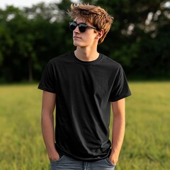 Fototapeta premium Young man enjoying a sunny day in a grassy field