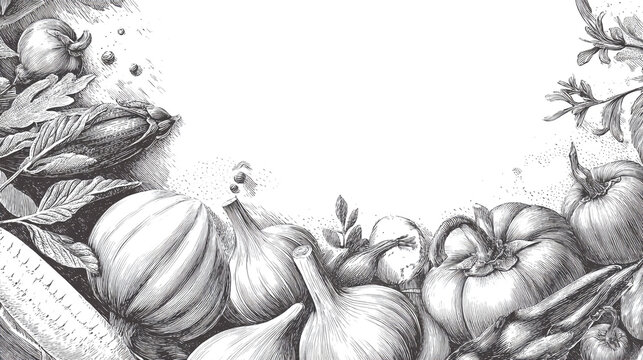 Detailed hand drawn harvest vegetable frame illustration background.