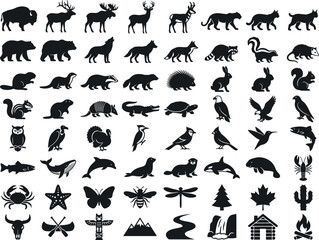 Fototapeta premium North American wildlife, forest animals, marine life and outdoor nature black silhouette vector icon collection for adventure design