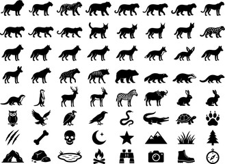 Fototapeta premium Wild predators, big cats, canines, woodland mammals and outdoor tracking black silhouette vector icon collection with nature symbols