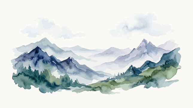 Watercolor Mountain Landscape Painting - Serene Blue and Green Hues