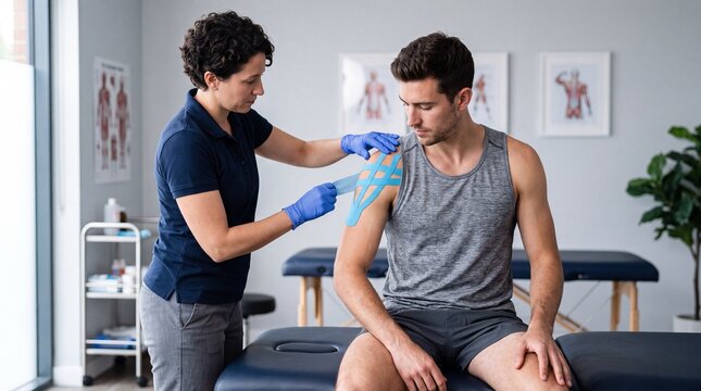 A physical therapist wearing blue gloves applies blue kinesiology tape to the shoulder of a ad social media download thambnail poster web template event festival 2026 2027 2028