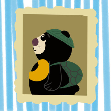 stylized sun bear wearing a green hat and a turtle-shell backpack inside a decorative frame.