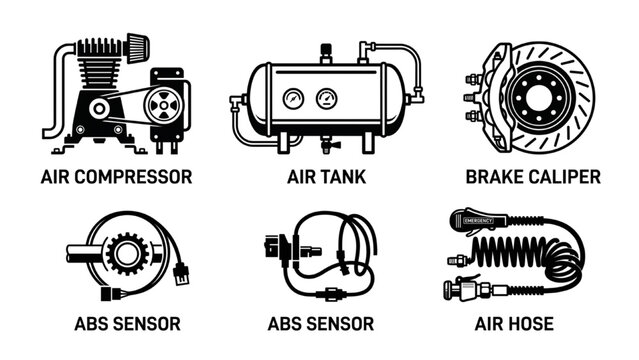 Car Air Brake System Parts Vector Icon Set - Air Compressor, Tank, Caliper, ABS Sensor, and Hose Line
