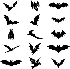 Fototapeta premium Black Bat Silhouettes Collection Vector Illustration With Various Wing Positions