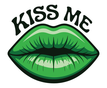 Kiss me text with green lips featuring bold black typography and glossy bright green lipstick on a pair of puckered lips isolated on a white background