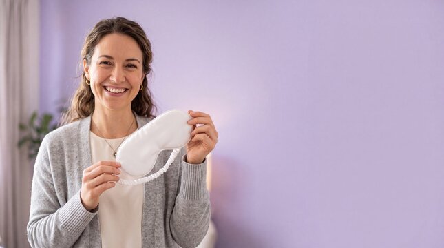 A smiling woman with wavy brown hair wears a gray cardigan and holds a white sleep mask in ad social media download thambnail poster web template event festival 2026 2027 2028